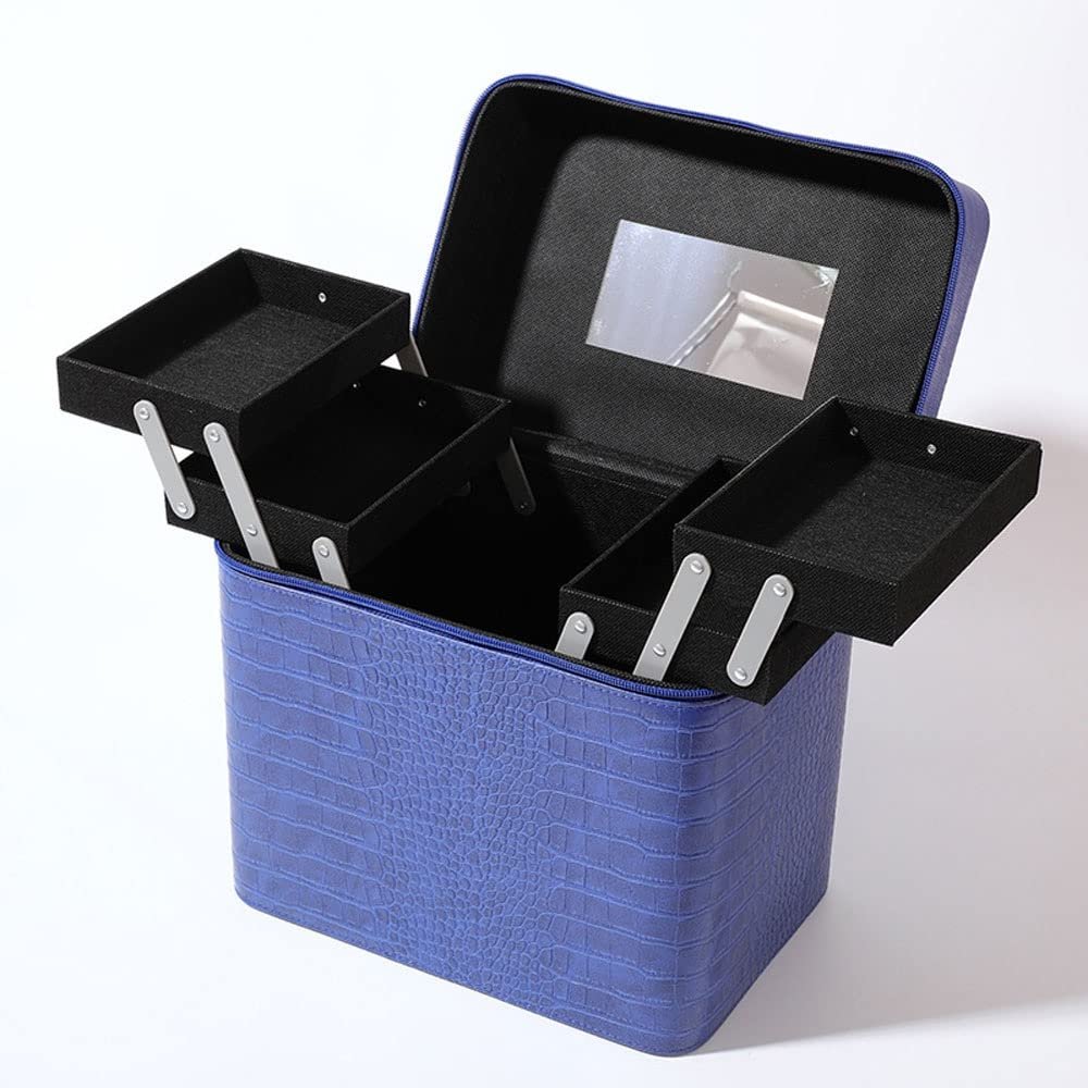 XARONF Makeup Case, Cosmetic Box Makeup Organizer 4 Trays Professional Cosmetic Storage Box Cosmetology Case for Women Makeup Artist, Makeup Tools Traveling Makeup Case, Blue