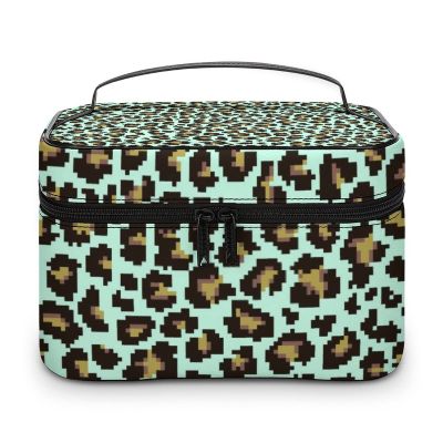 Makeup Bag Cosmetic Bag, Green Leopard Print Animal Makeup Bag Portable Vegan Leather Makeup Travel Case Pouch Organizer Toiletry Bag with Handle for Girl Women Ladies