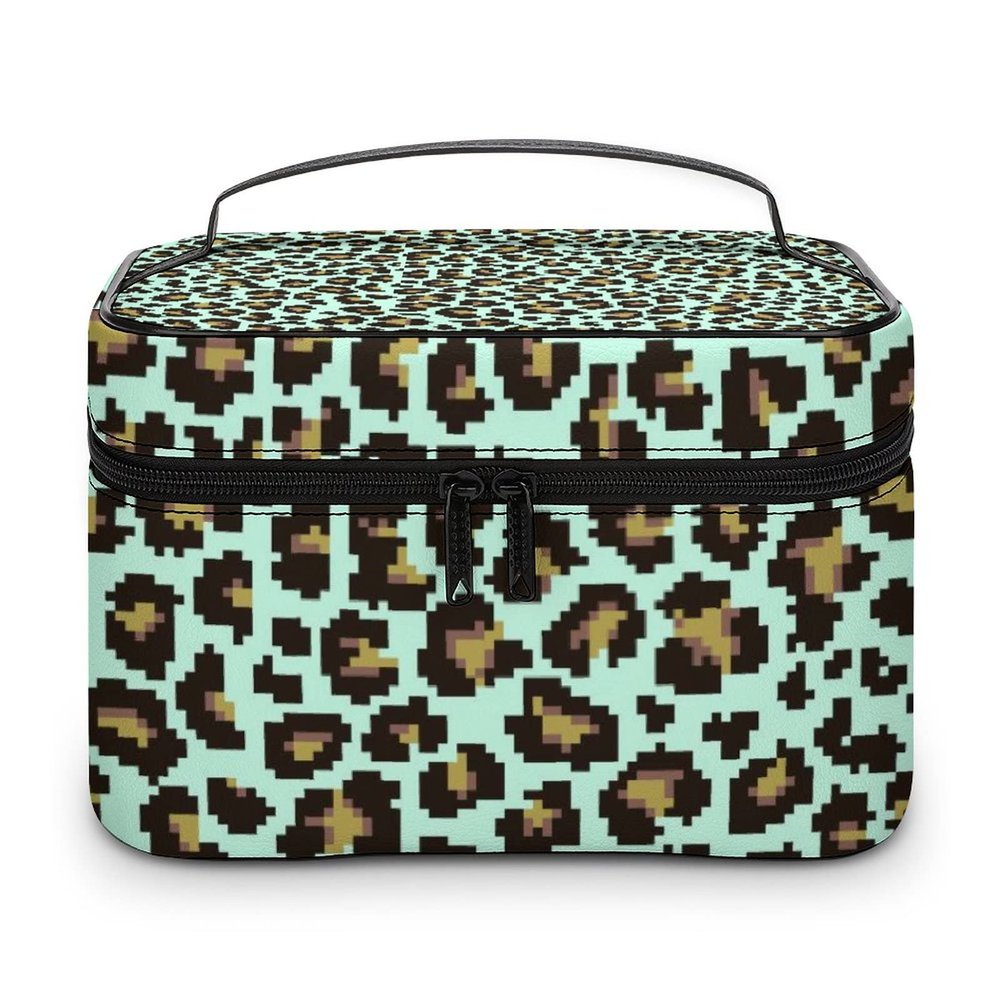 Makeup Bag Cosmetic Bag, Green Leopard Print Animal Makeup Bag Portable Vegan Leather Makeup Travel Case Pouch Organizer Toiletry Bag with Handle for Girl Women Ladies
