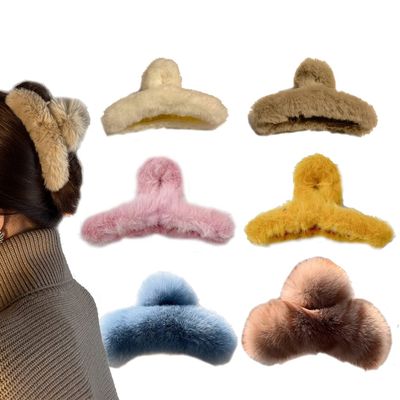 6PCS Faux Fur Claw Clip for Winter, 5.5 Inches Large Fuzzy Hair Claw for Thick Thin Hair, Plush Hair Clips, Long Fur Hair Clips Leopard Grasp Clip for Women Girls for Daily, Parties (Blue white, brown, pink, yellow, brown, white)