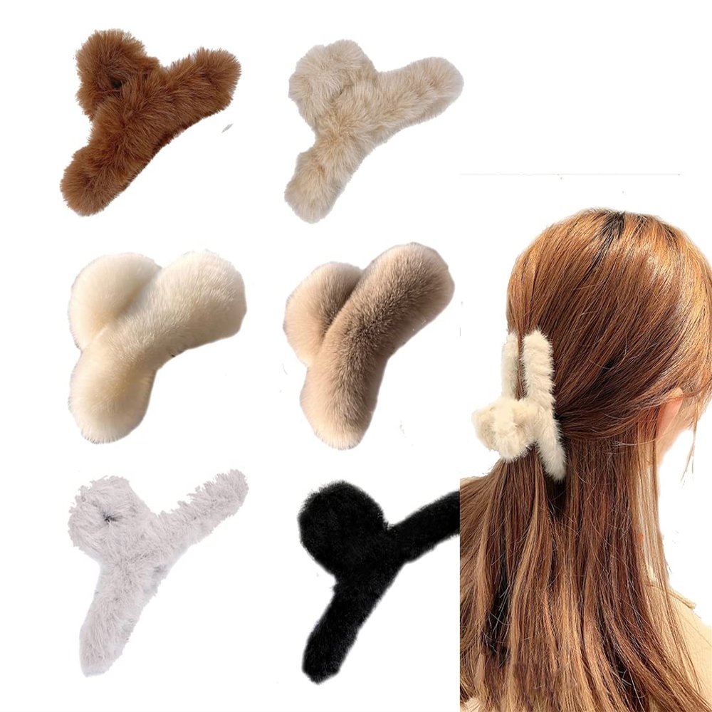 6PCS Faux Fur Claw Clip for Winter, 5.5 Inches Large Fuzzy Hair Claw for Thick Thin Hair, Plush Hair Clips, Long Fur Hair Clips Leopard Grasp Clip for Women Girls for Daily, Parties (Brown, black, white, gray, beige, pure white)