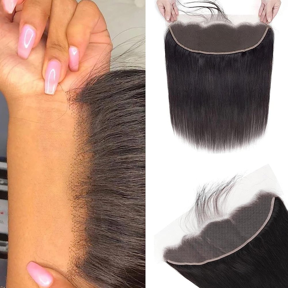 13x4 Ear To Ear Straight Lace Frontal Closure Transparent HD Human Hair With Baby Hair Knots 100% Virgin Remy Human Lace Frontal Closures 150% Density Natural Color (16 Inch,Straight frontal)