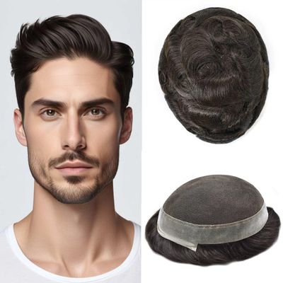 Toupee for Men French Lace Center Human Hairpieces Human Hair Replacement System Lace With Thin Skin Mens Toupee Gray Hair Prosthesis (8X10-120% density, 2# DARKEST BROWN)