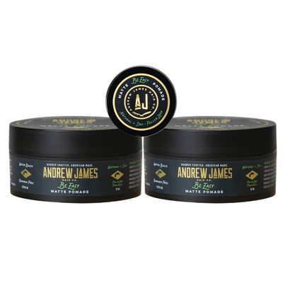 ANDREW JAMES Matte Pomade 2 Pack + Mini Travel Jar | Be Easy | Strong Hold | Matte Finish | Natural Look | Sulfate Free | Provides A Fuller Look | Easy To Wash Out | Made In the USA