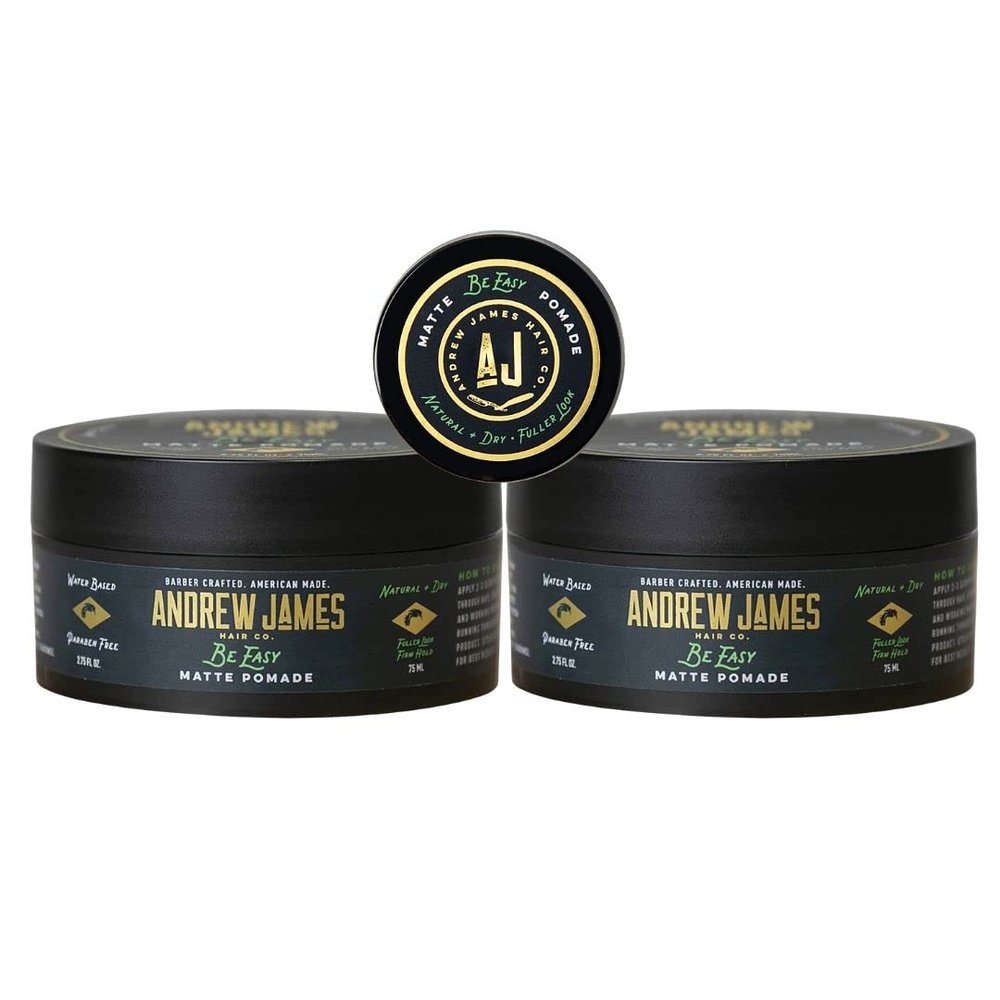 ANDREW JAMES Matte Pomade 2 Pack + Mini Travel Jar | Be Easy | Strong Hold | Matte Finish | Natural Look | Sulfate Free | Provides A Fuller Look | Easy To Wash Out | Made In the USA
