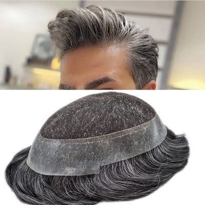 Toupee for Men French Lace Center Human Hairpieces Human Hair Replacement System Lace With Thin Skin Mens Toupee Gray Hair Prosthesis (7X9-120% density, #1B40 1B# OFF BLACK WITH 40% SYNTHETIC GREY)