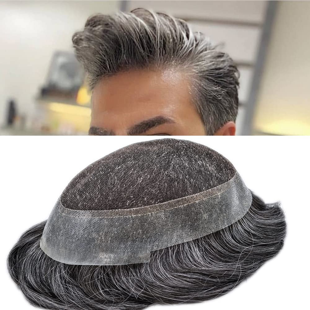 Toupee for Men French Lace Center Human Hairpieces Human Hair Replacement System Lace With Thin Skin Mens Toupee Gray Hair Prosthesis (7X9-120% density, #1B40 1B# OFF BLACK WITH 40% SYNTHETIC GREY)