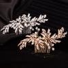 Teyglen Leaf Bride Wedding Hair Comb Bridal Gold Leaves Hair Pieces Dainty Crystal Pearls Side Hair Comb for Bride Handmade Gold Silver Leaf Crystal Headpieces Wedding Hair Accessories for Women Girls view 4