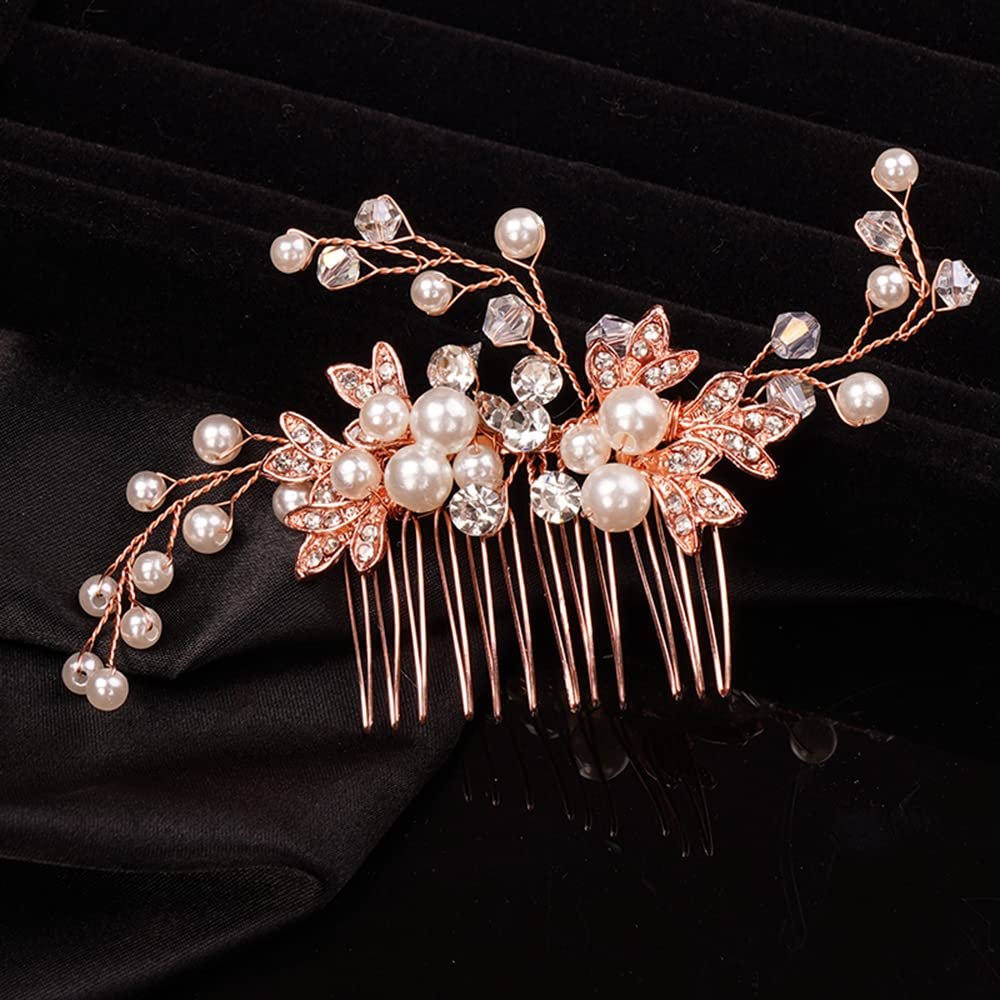 Teyglen Dainty Pearl Bride Wedding Hair Comb Leaf Wedding Hair Comb Bridal Crystal Hair Pieces for Bride Rhinestone Headpieces Wedding Hair Accessories for Women Girls (Rose gold)