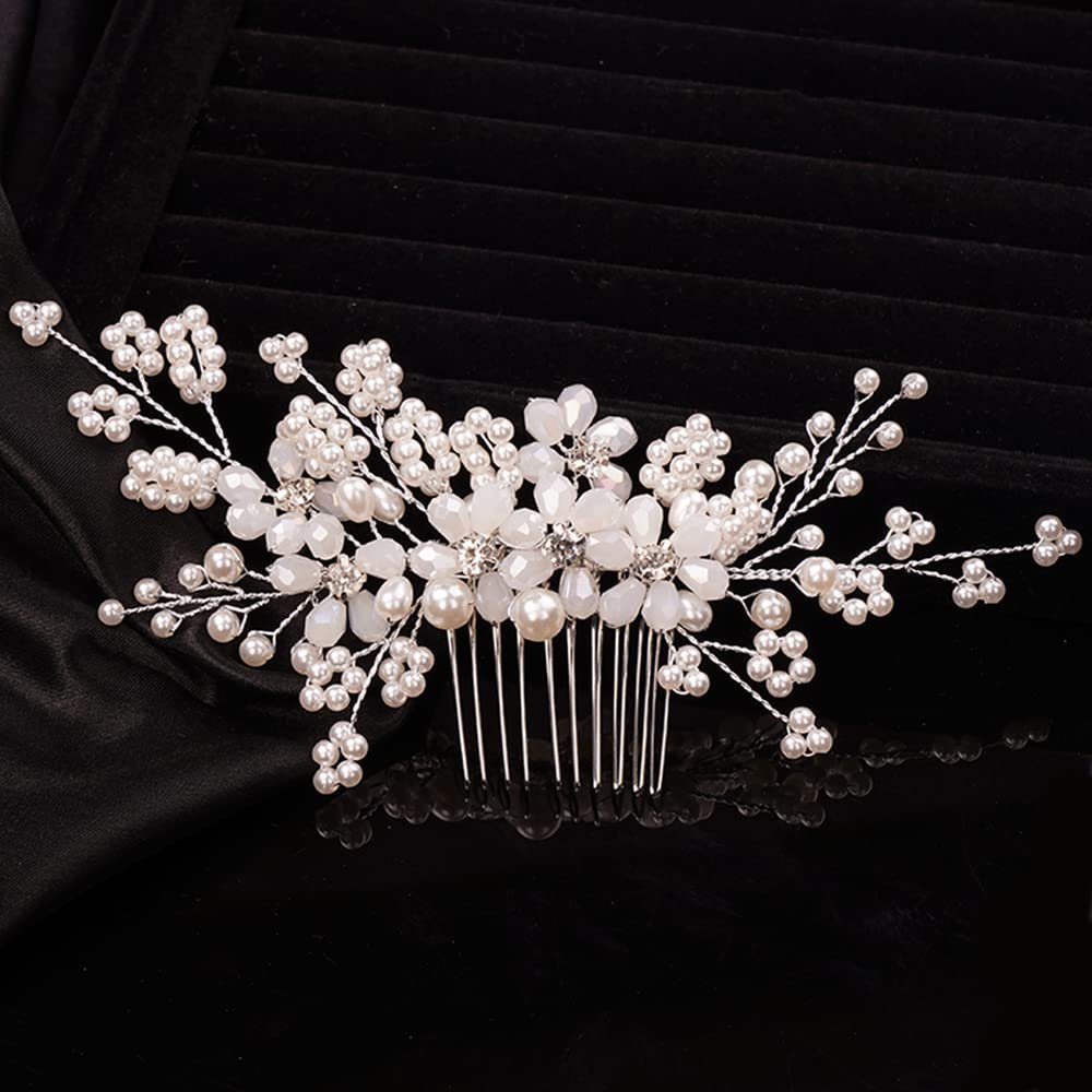 Teyglen Floral Pearl Crystal and Rhinestone Bridal Hair Comb for Brides and Women