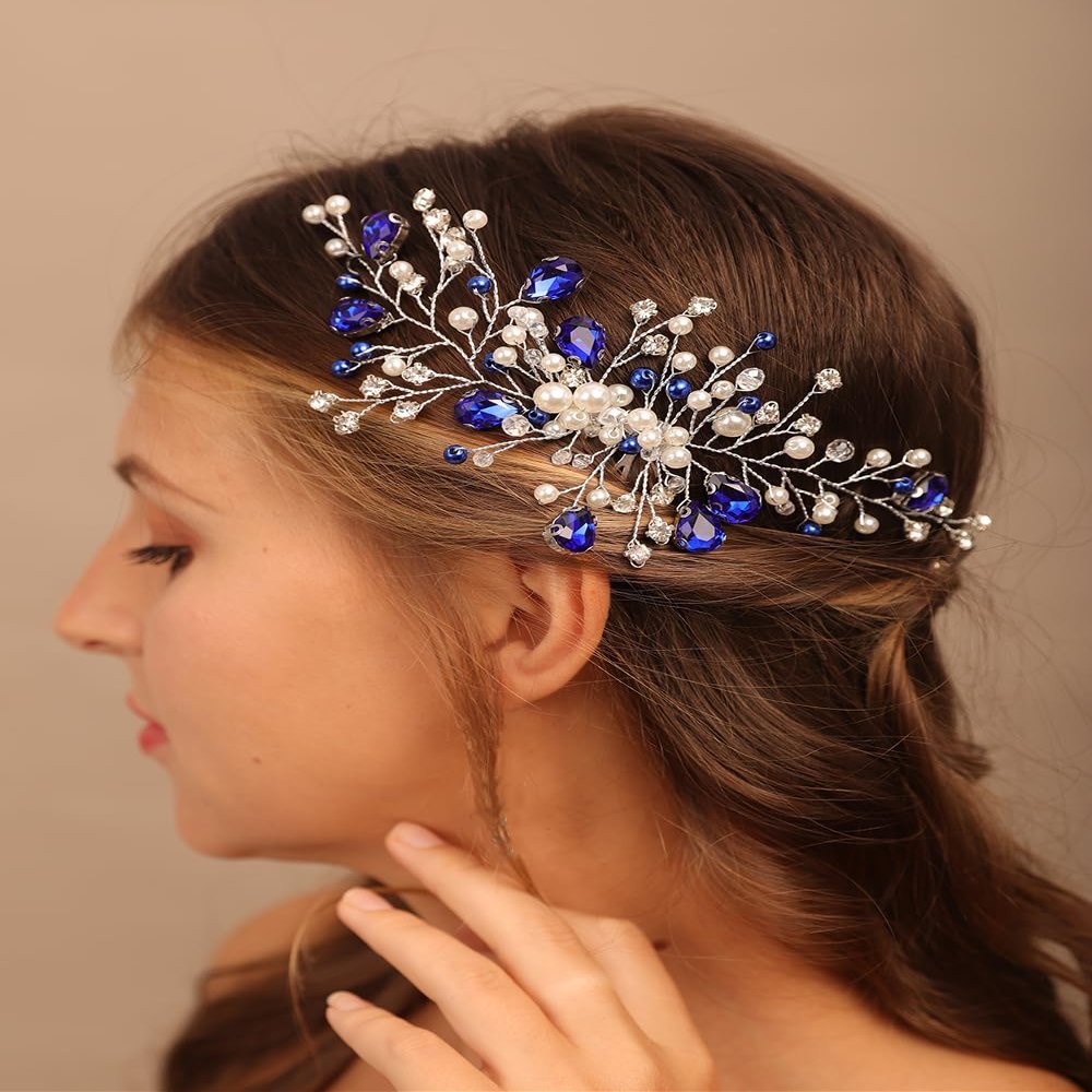 Teyglen Blue Crystal Bride Wedding Hair Comb Handmade Pearl Rhinestone Hair Pieces Hair Accessories for Bride Bridal Side Hair Comb Headpieces for Women Girls