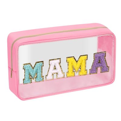 Iqimott Clear Patch Makeup Bag Mama Pouch, Preppy Personalized Chenille Letter Cosmetic Pouch for Travel, Nylon Waterproof Travel Essentials Zipper Toiletry Bags for Women Girls(MAMA, Pink)