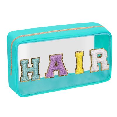 Iqimott Clear Patch Makeup Bag Hair Pouch, Preppy Personalized Chenille Letter Cosmetic Pouch for Travel, Nylon Waterproof Organizer Travel Essentials Zipper Toiletry Bags for Women Girls(Green)