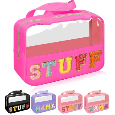 Chenille Letter Patch Stuff Bag, Preppy Clear Makeup Cosmetic Bag Large Toiletry Storage Tote Bag with Handle, Transparent Nylon Waterproof Organizer Zipper Pouch for Travel Women Girls(Rosered)