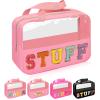 Iqimott Chenille Letter Patch Stuff Bag, Preppy Clear Makeup Cosmetic Bag Large Toiletry Storage Tote Bag with Handle, Transparent Nylon Waterproof Organizer Zipper Pouch for Travel Women Girls(Pink) view 1