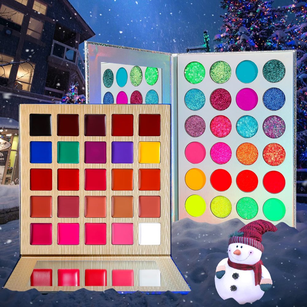 DE'LANCI Neon Eyeshadow Palette 24 Color + Lipstick Pallet 25 Color UV Blacklight Matte and Glitter Shade, Colorful Makeup Set for Christmas Halloween Cosplay Face Body Eyes Makeup Ket