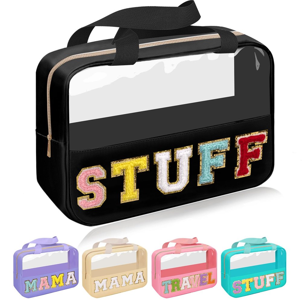 Chenille Letter Patch Stuff Bag, Preppy Clear Makeup Cosmetic Bag Large Toiletry Storage Tote Bag with Handle, Transparent Nylon Waterproof Organizer Zipper Pouch for Travel Women Girls(Black)