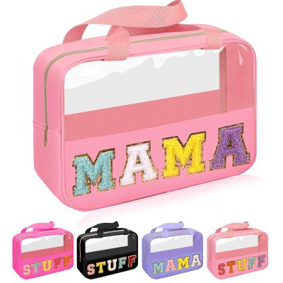 Iqimott Chenille Letter Patch Mama Bag, Preppy Clear Makeup Cosmetic Bag Large Toiletry Storage Tote Bag with Handle, Transparent Nylon Waterproof Organizer Zipper Pouch for Travel Women Girls(Pink)