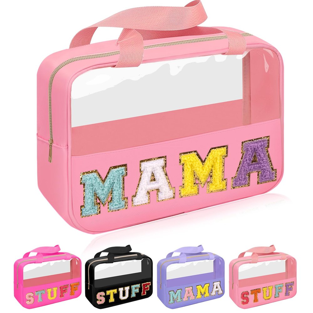 Iqimott Chenille Letter Patch Mama Bag, Preppy Clear Makeup Cosmetic Bag Large Toiletry Storage Tote Bag with Handle, Transparent Nylon Waterproof Organizer Zipper Pouch for Travel Women Girls(Pink)