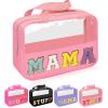 Iqimott Chenille Letter Patch Mama Bag, Preppy Clear Makeup Cosmetic Bag Large Toiletry Storage Tote Bag with Handle, Transparent Nylon Waterproof Organizer Zipper Pouch for Travel Women Girls(Pink) view 1