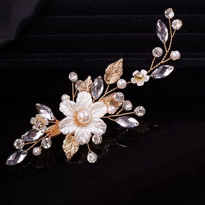 Teyglen Flower Rhinestone Bridal Hair Clip Hairpin Gold Leaf Crystal Pearl Hair Barrette Handmade Wedding Hair Piece Hair Accessories for Women Bride Girls