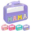 Chenille Letter Patch Mama Bag, Preppy Clear Makeup Cosmetic Bag Large Toiletry Storage Tote Bag with Handle, Transparent Nylon Waterproof Organizer Zipper Pouch for Travel Women Girls(Purple) view 1