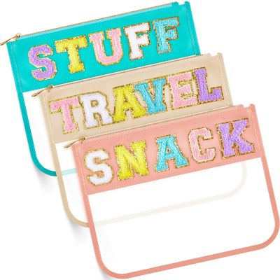 3 Pcs Chenille Letter Zipper Pouch for Travel Clear Snack Bags Waterproof Cosmetic Pouch Nylon Gym Beach Multipurpose Makeup Bag for Women Girl(Travel, Stuff, Snack,Soft Color)