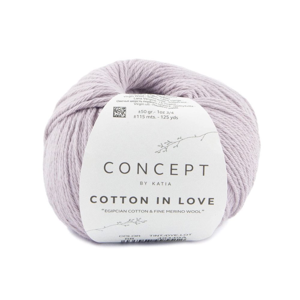 Cotton in Love by Katia Cotton and Wool in 50g and 115m Balls for 3-4 or 3 Crochets, Light Mauve (68)