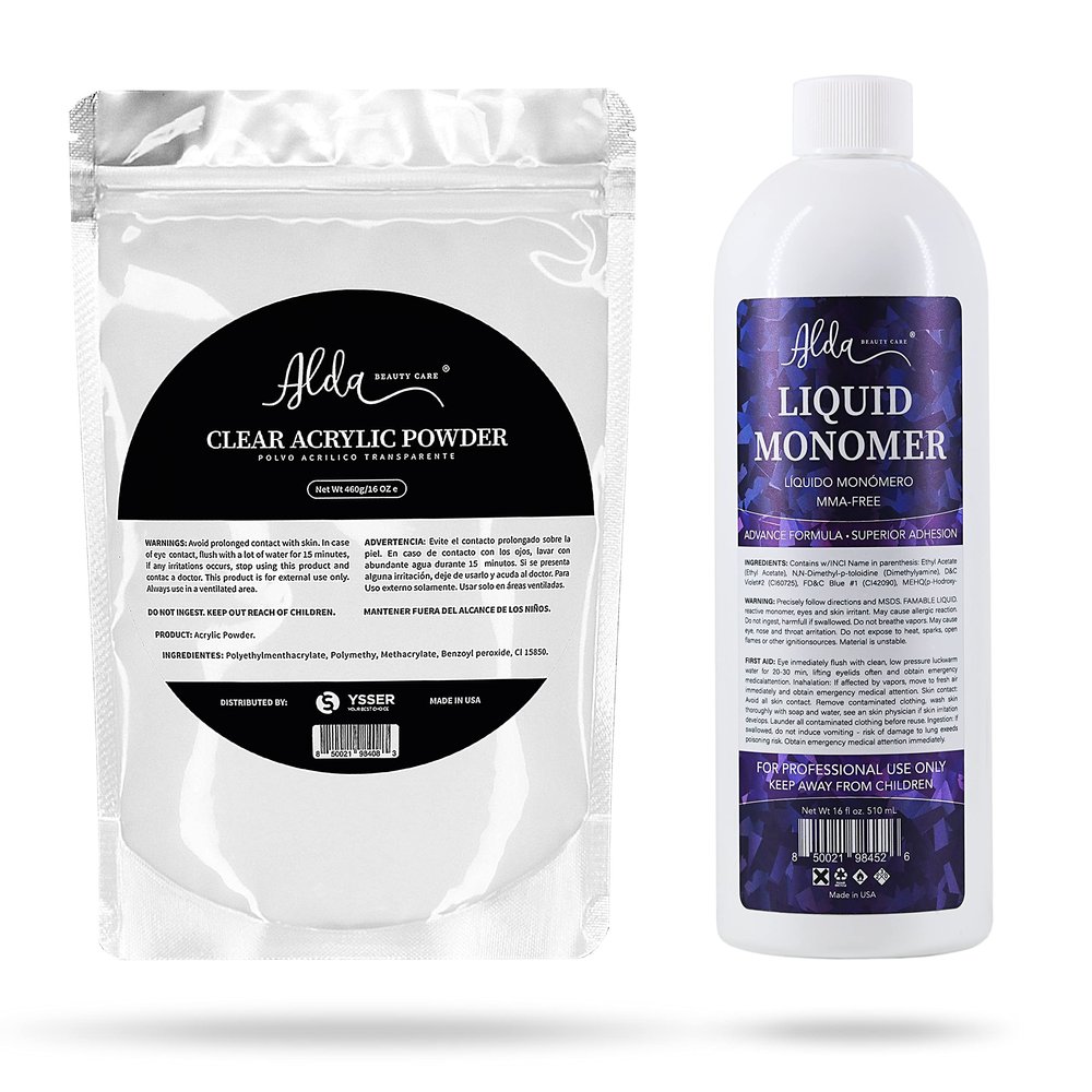 Alda Beauty Care MMA - FREE Professional Acrylic Liquid Monomer 16 fl oz + Acrylic Powder 16 oz Clear Pink Non-Yellowing, Quick Dry, Strongest Adhesion, Acrylic Nail Art Extension Carving (Clear)