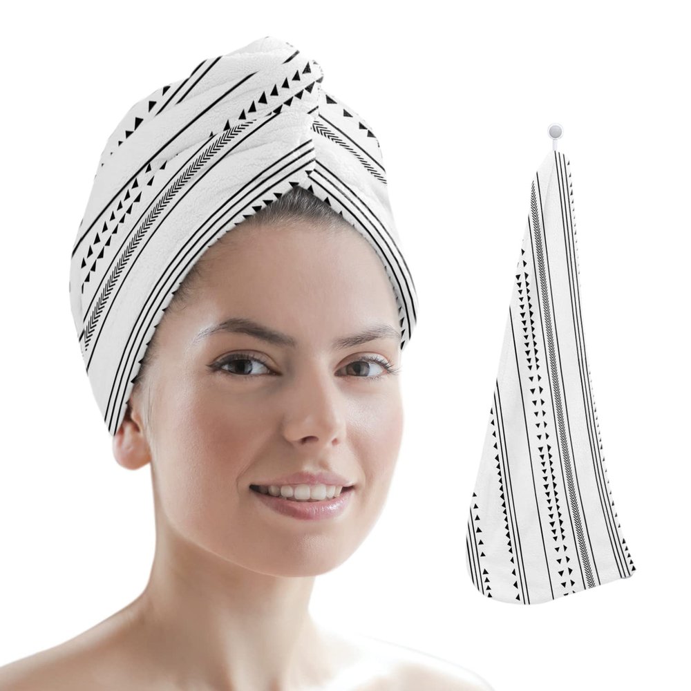 LEOSUCRE Microfiber Hair Towel Wrap Ultra Absorbent Hair Cap, Geometric Boho Hair Towel with Buttons Hair Drying Towel Turban Bath Hair Wrap for Woman 26x10in Black and White Stripes Triangle