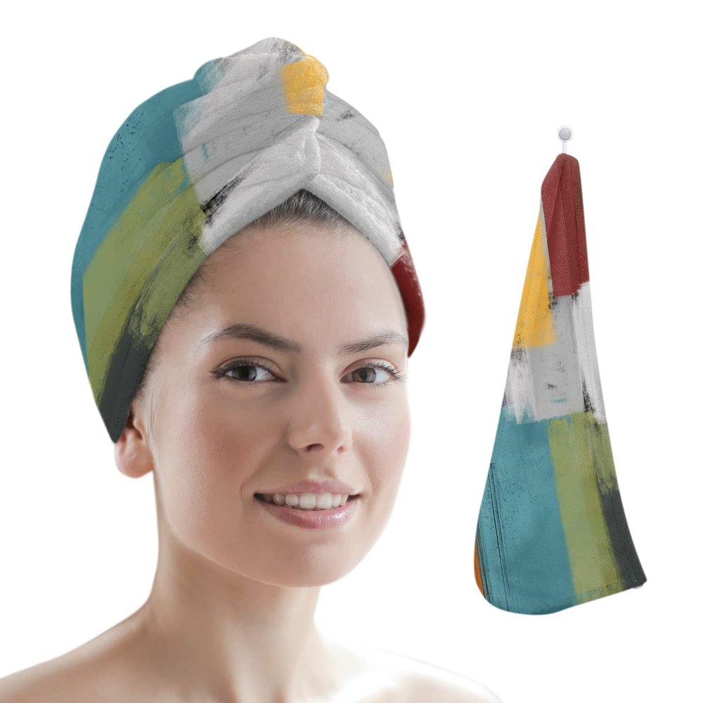 LEOSUCRE Microfiber Hair Towel Wrap Ultra Absorbent Hair Cap, Abstract Color Painting Hair Towel with Buttons Hair Drying Towel Turban Bath Hair Wrap for Woman 26x10in Orange Green Art Geometry