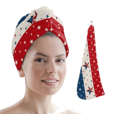 LEOSUCRE Microfiber Hair Towel Wrap Ultra Absorbent Hair Cap, Independence Day Hair Towel with Buttons Hair Drying Towel Turban Bath Hair Wrap for Woman 26x10in American Star Flag Stripes