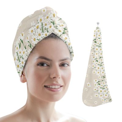 LEOSUCRE Microfiber Hair Towel Wrap Ultra Absorbent Hair Cap, Daisy Floral Hair Towel with Buttons Hair Drying Towel Turban Bath Hair Wrap for Woman 26x10in White Flowers Summer Retro Burlap Backdrop