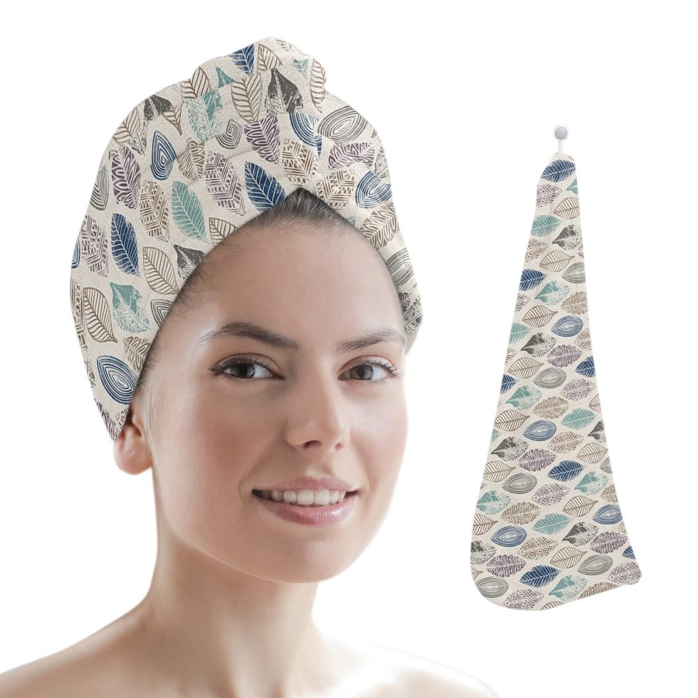 LEOSUCRE Microfiber Hair Towel Wrap Ultra Absorbent Hair Cap, Leaves Tiled Hair Towel with Buttons Hair Drying Towel Turban Bath Hair Wrap for Woman 26x10in Abstract Painting Burlap Backdrop