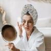 LEOSUCRE Microfiber Hair Towel Wrap Ultra Absorbent Hair Cap, Leaves Tiled Hair Towel with Buttons Hair Drying Towel Turban Bath Hair Wrap for Woman 26x10in Abstract Painting Burlap Backdrop view 3