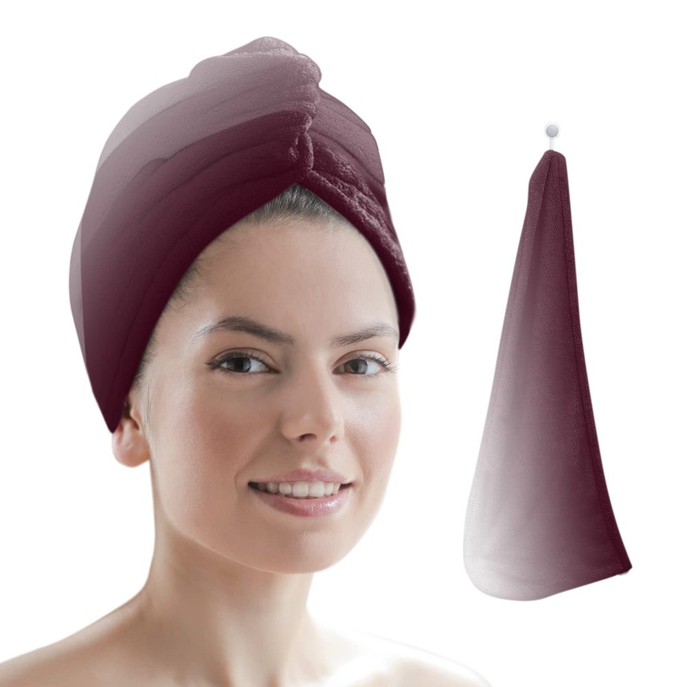 LEOSUCRE Microfiber Hair Towel Wrap Ultra Absorbent Hair Cap, Ombre Red Wine Hair Towel with Buttons Hair Drying Towel Turban Bath Hair Wrap for Woman 26x10in Vintage Farmhouse Backdrop