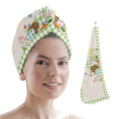 LEOSUCRE Microfiber Hair Towel Wrap Ultra Absorbent Hair Cap, Easter Bunny Hair Towel with Buttons Hair Drying Towel Turban Bath Hair Wrap for Woman 26x10in Eggs Spring Floral Green Plaid