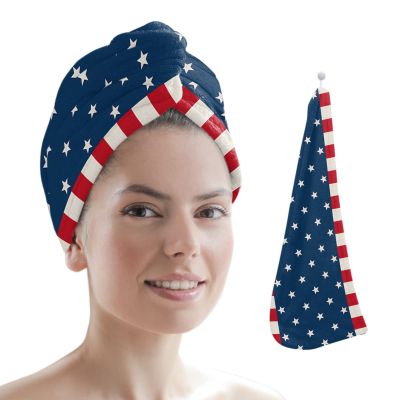 LEOSUCRE Microfiber Hair Towel Wrap Ultra Absorbent Hair Cap, American Flag Hair Towel with Buttons Hair Drying Towel Turban Bath Hair Wrap for Woman 26x10in Independence Day Burlap Texture