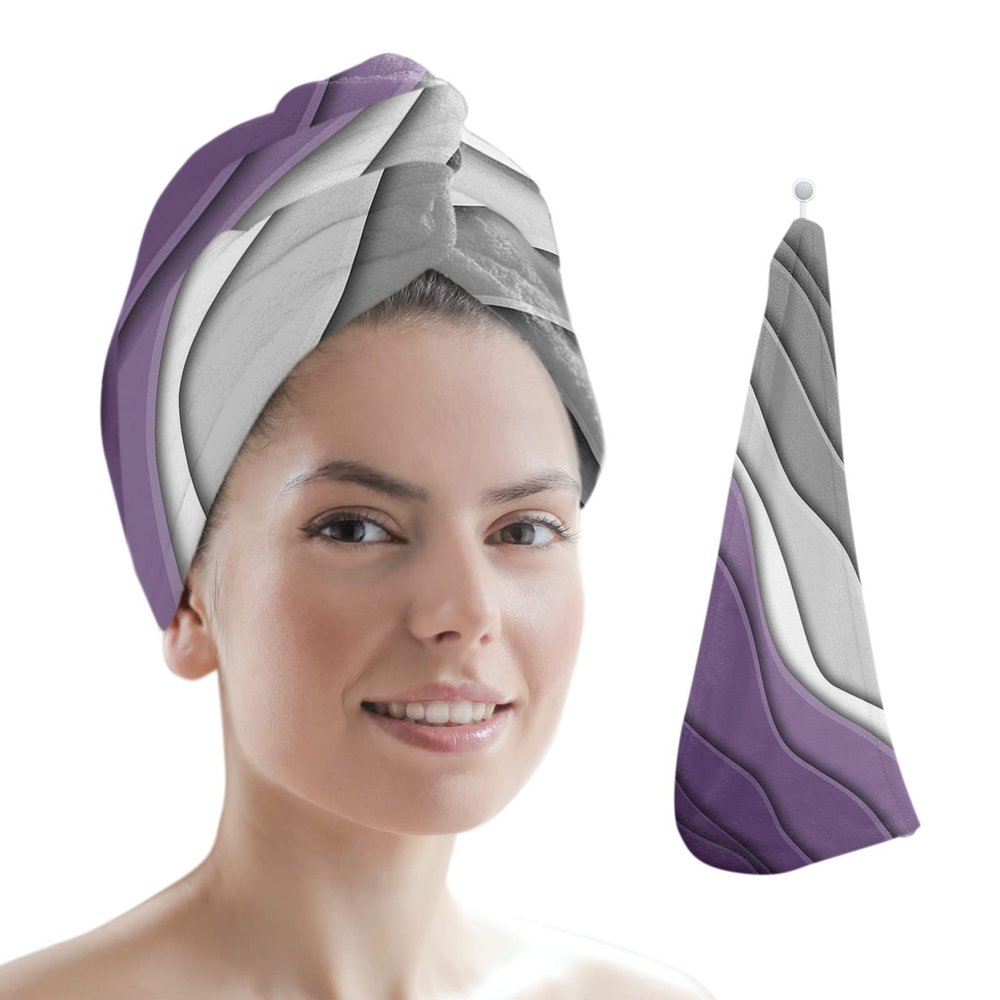LEOSUCRE Microfiber Hair Towel Wrap Ultra Absorbent Hair Cap, Purple and Gray Hair Towel with Buttons Hair Drying Towel Turban Bath Hair Wrap for Woman 26x10in Abstract Ombre Geometric