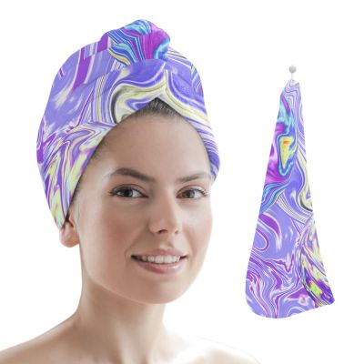 LEOSUCRE Microfiber Hair Towel Wrap Ultra Absorbent Hair Cap, Ombre Purple Marble Fluid Hair Towel with Buttons Hair Drying Towel Turban Bath Hair Wrap for Woman 26x10in