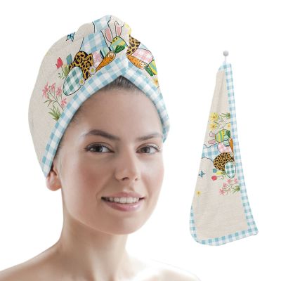 LEOSUCRE Microfiber Hair Towel Wrap Ultra Absorbent Hair Cap, Easter Bunny Hair Towel with Buttons Hair Drying Towel Turban Bath Hair Wrap for Woman 26x10in Eggs Spring Floral Blue Plaid