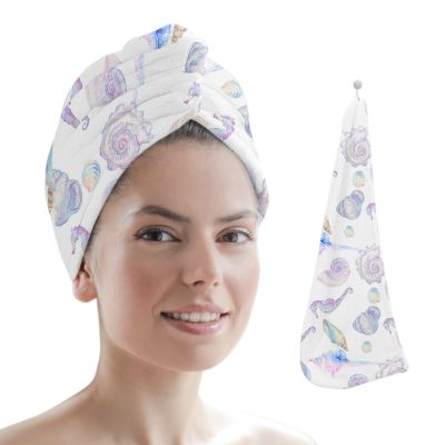 LEOSUCRE Microfiber Hair Towel Wrap Ultra Absorbent Hair Cap, Beach Themed Hair Towel with Buttons Hair Drying Towel Turban Bath Hair Wrap for Woman 26x10in Ocean Shells Starfish Illustraction