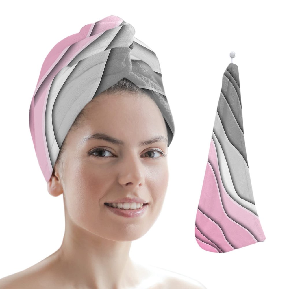 LEOSUCRE Microfiber Hair Towel Wrap Ultra Absorbent Hair Cap, Modern Pink and Gray Hair Towel with Buttons Hair Drying Towel Turban Bath Hair Wrap for Woman 26x10in Abstract Ombre Painting