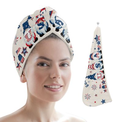LEOSUCRE Microfiber Hair Towel Wrap Ultra Absorbent Hair Cap, Independence Day Hair Towel with Buttons Hair Drying Towel Turban Bath Hair Wrap for Woman 26x10in USA Gnomes Flag Burlap Backdrop