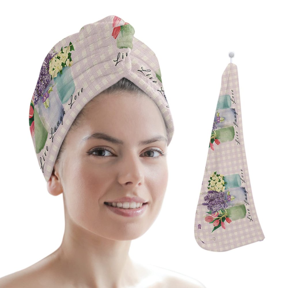LEOSUCRE Microfiber Hair Towel Wrap Ultra Absorbent Hair Cap, Floral Hair Towel with Buttons Hair Drying Towel Turban Bath Hair Wrap for Woman 26x10in Tulip Lavender Jasmine in a Vase Purple Plaid