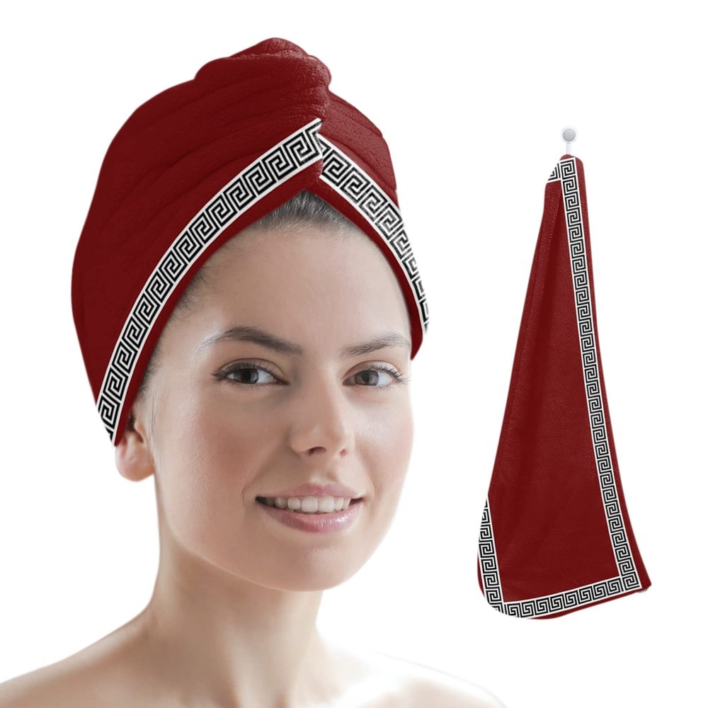 LEOSUCRE Microfiber Hair Towel Wrap Ultra Absorbent Hair Cap, Red Chinese Floral Style Hair Towel with Buttons Hair Drying Towel Turban Bath Hair Wrap for Woman 26x10in Simple Painting