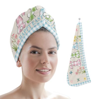 LEOSUCRE Microfiber Hair Towel Wrap Ultra Absorbent Hair Cap, Easter Bunny Hair Towel with Buttons Hair Drying Towel Turban Bath Hair Wrap for Woman 26x10in Spring Floral Butterfly Buffalo Plaid
