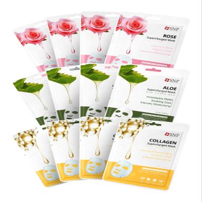 SNP Supercharged Sheet Mask Set | Variety Sheet of 4-Collagen, 4-Aloe, 4-Rose Face Mask Sheet | Facial Mask for Hydrating and Moisturizing | Korean Skincare Gift Set | 12 Sheets