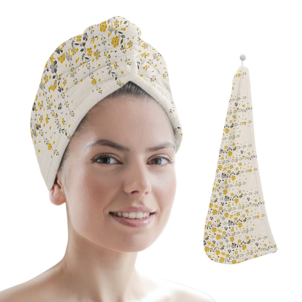 LEOSUCRE Microfiber Hair Towel Wrap Ultra Absorbent Hair Cap, Draping Floral Hair Towel with Buttons Hair Drying Towel Turban Bath Hair Wrap for Woman 26x10in Blue and Gray Flower Rustic Burlap