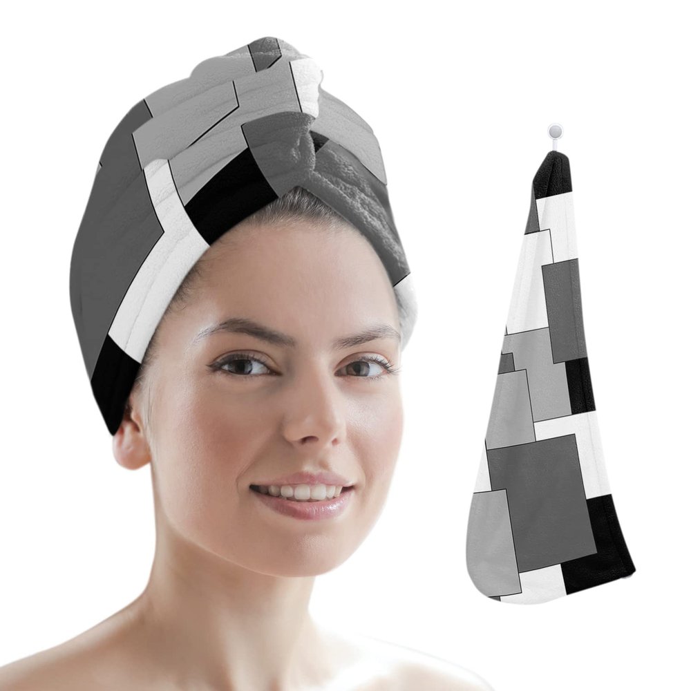 LEOSUCRE Microfiber Hair Towel Wrap Ultra Absorbent Hair Cap, Abstract Art Hair Towel with Buttons Hair Drying Towel Turban Bath Hair Wrap for Woman 26x10in Black Gray White Color Block